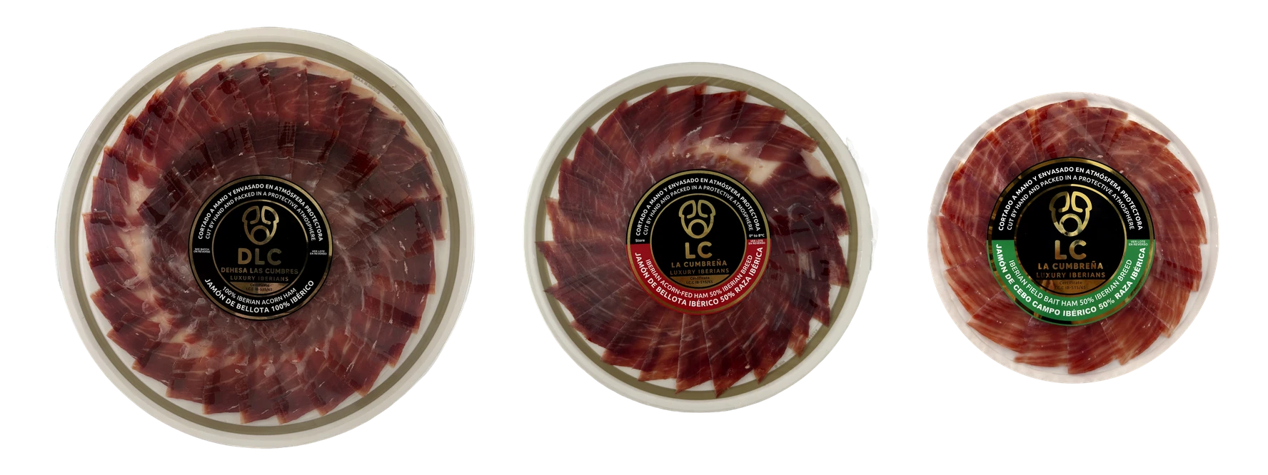 Los tres formatos de plato de jam&oacute;n ib&eacute;rico cortado a cuchillo: 100, 80 y 50 gramos