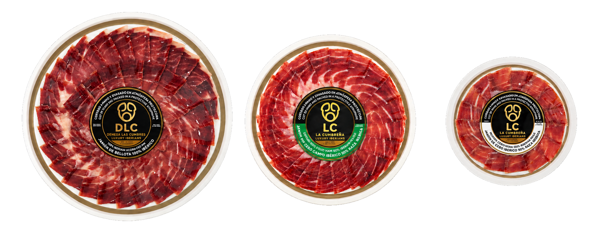 Los tres formatos de plato de jam&oacute;n ib&eacute;rico cortado a cuchillo: 100, 80 y 50 gramos
